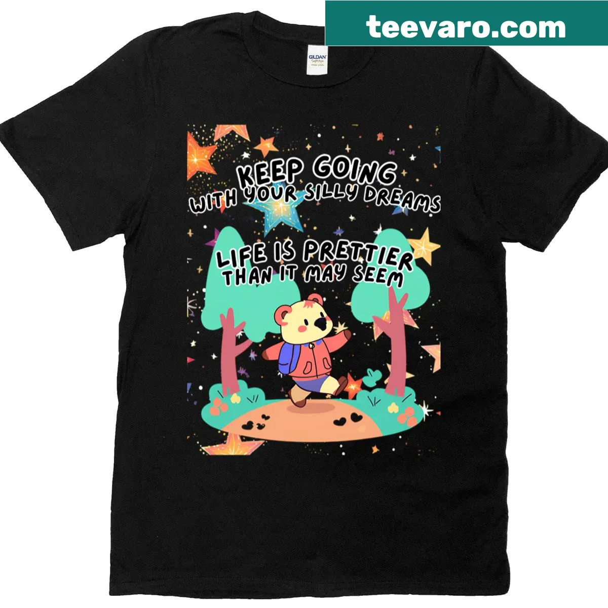 Inspirational typography T-shirt stating 'Keep Going With Your Silly Dreams' — on a men's t-shirt