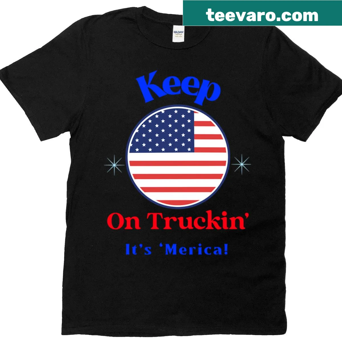 Playful T-shirt with the phrase: Keep On Truckin Its Merica — on a men's t-shirt