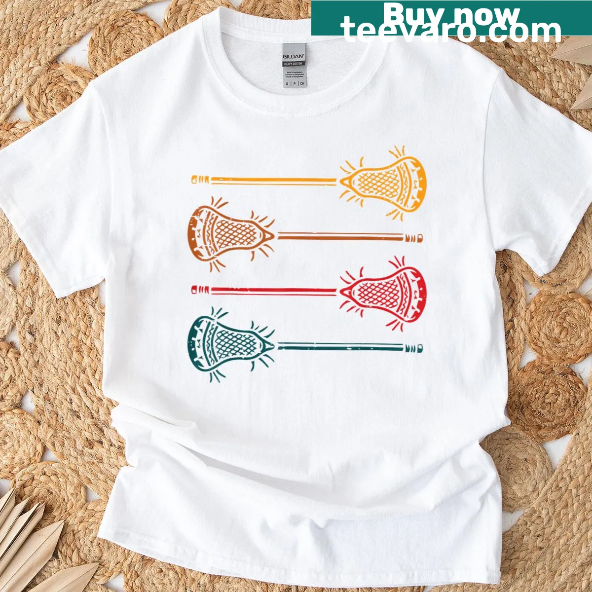 Retro T-shirt featuring lacrosse sticks for players and fans. — on a men's t-shirt