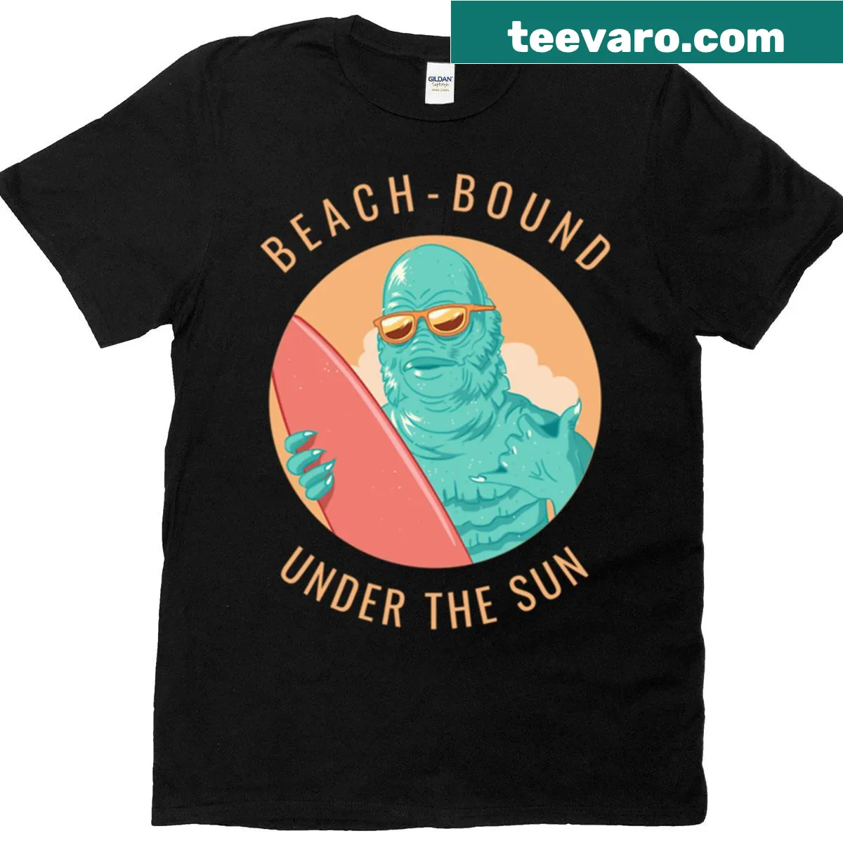 Illustration of a lagoon creature on a summer-themed t-shirt — on a men's t-shirt