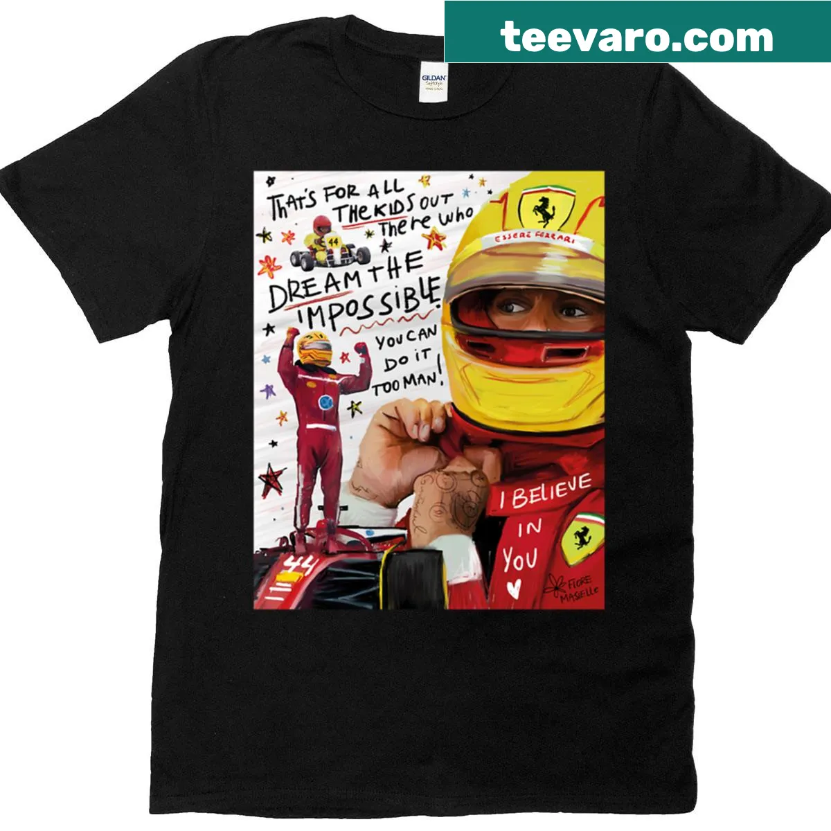 Illustrative shirt featuring the phrase 'For All The Kids Out There' inspired by Lewis Hamilton — on a men's t-shirt