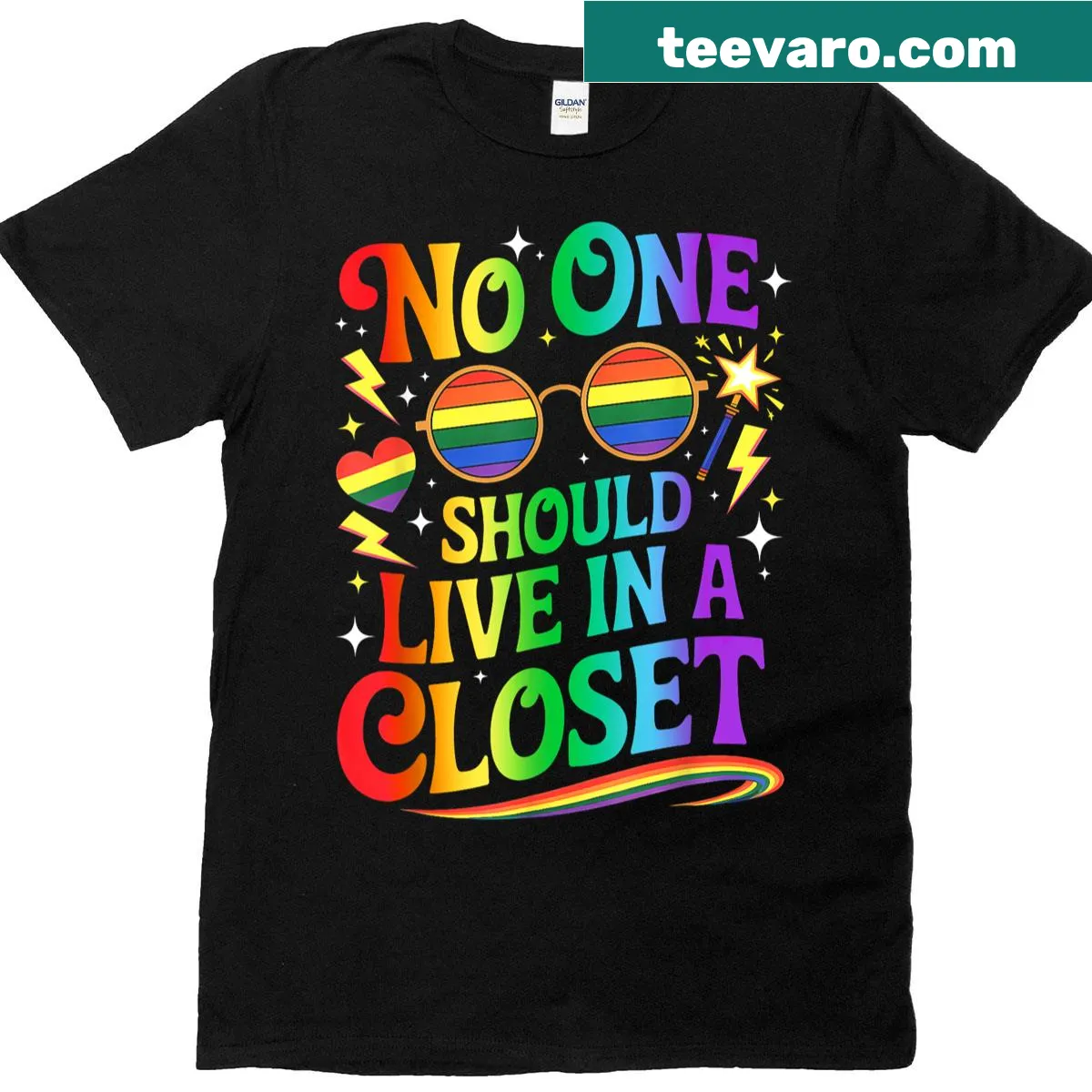 Cute cartoon rainbow glasses design on LGBTQ+ pride T-shirt — on a men's t-shirt