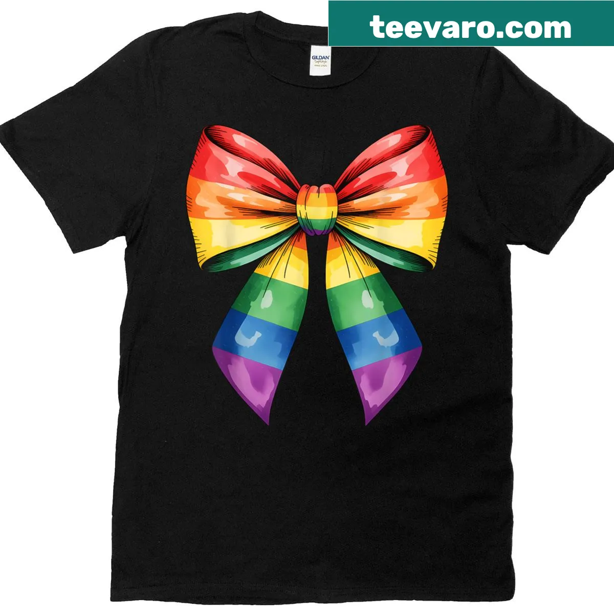 LGBTQ+ support t-shirt with a rainbow bow illustration for kids — on a men's t-shirt