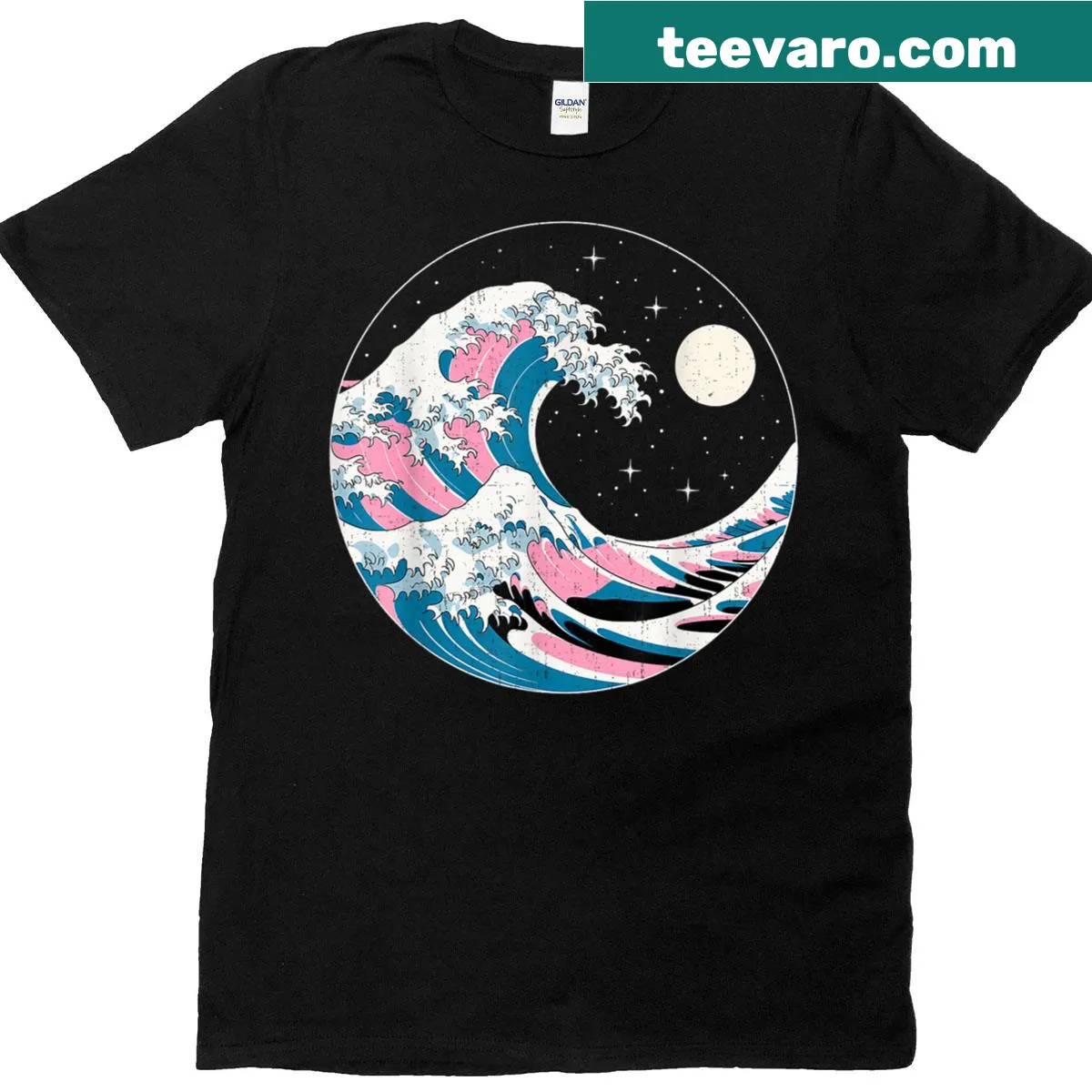 Japanese style wave design with LGBTQ+ pride elements under moonlight. — on a men's t-shirt