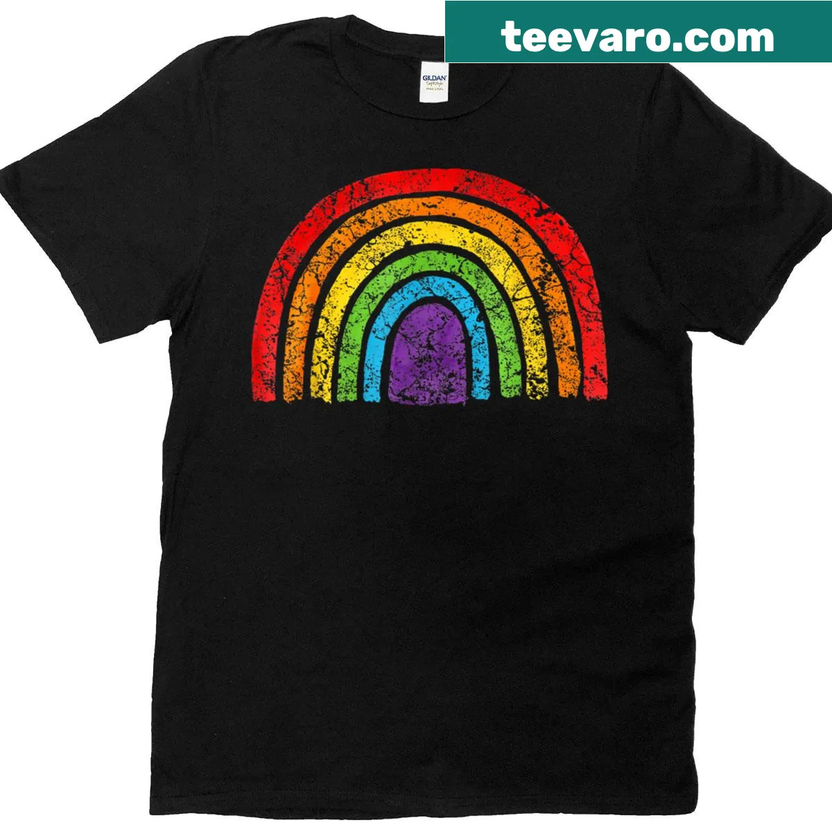 Vintage distressed LGBTQ+ rainbow flag design T-shirt — on a men's t-shirt