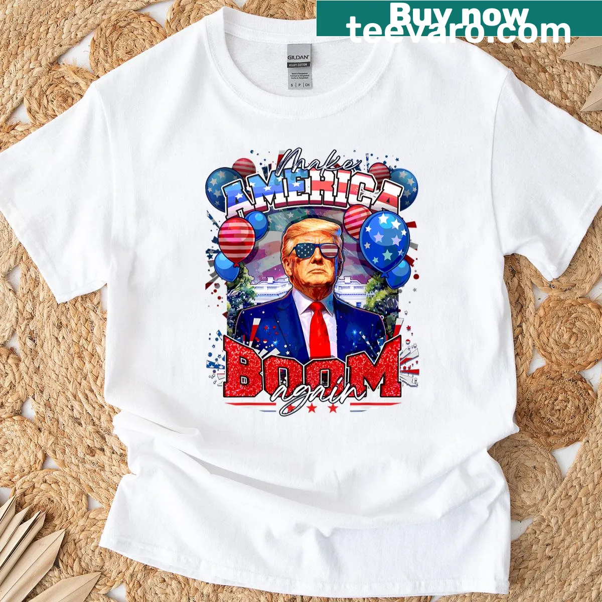 Patriotic t-shirt with the phrase 'Make 4th Of July Boom Again' — on a men's t-shirt