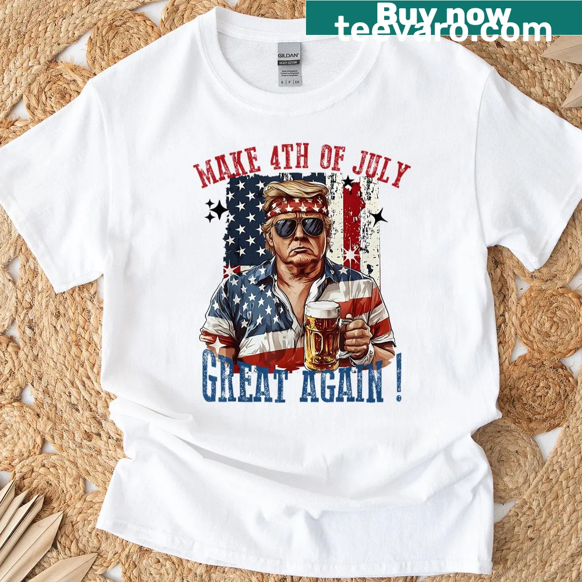 Patriotic design with text about beer and Trump for the 4th of July — on a men's t-shirt