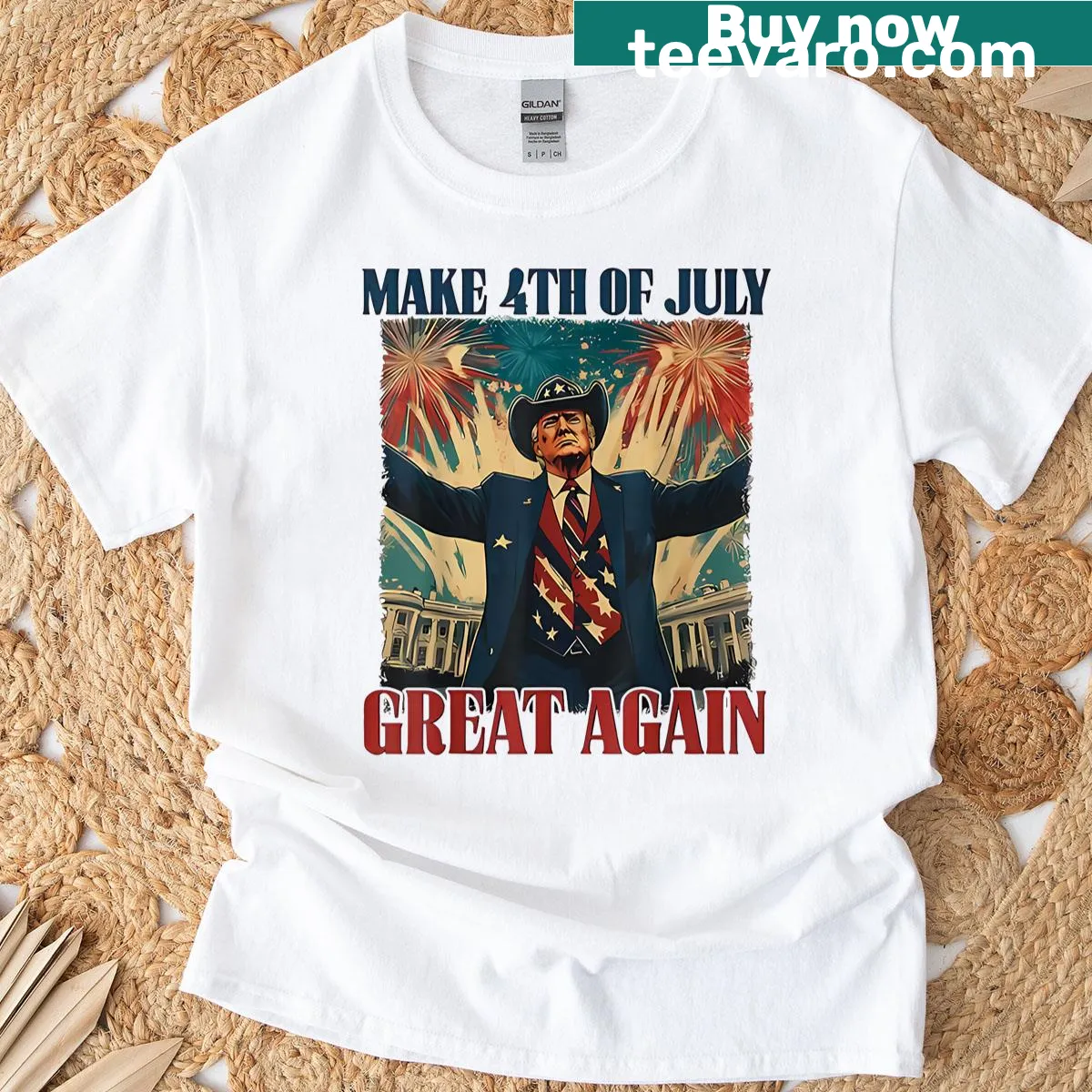 Retro T-shirt featuring a funny firework design and political slogan for Fourth of July — on a men's t-shirt