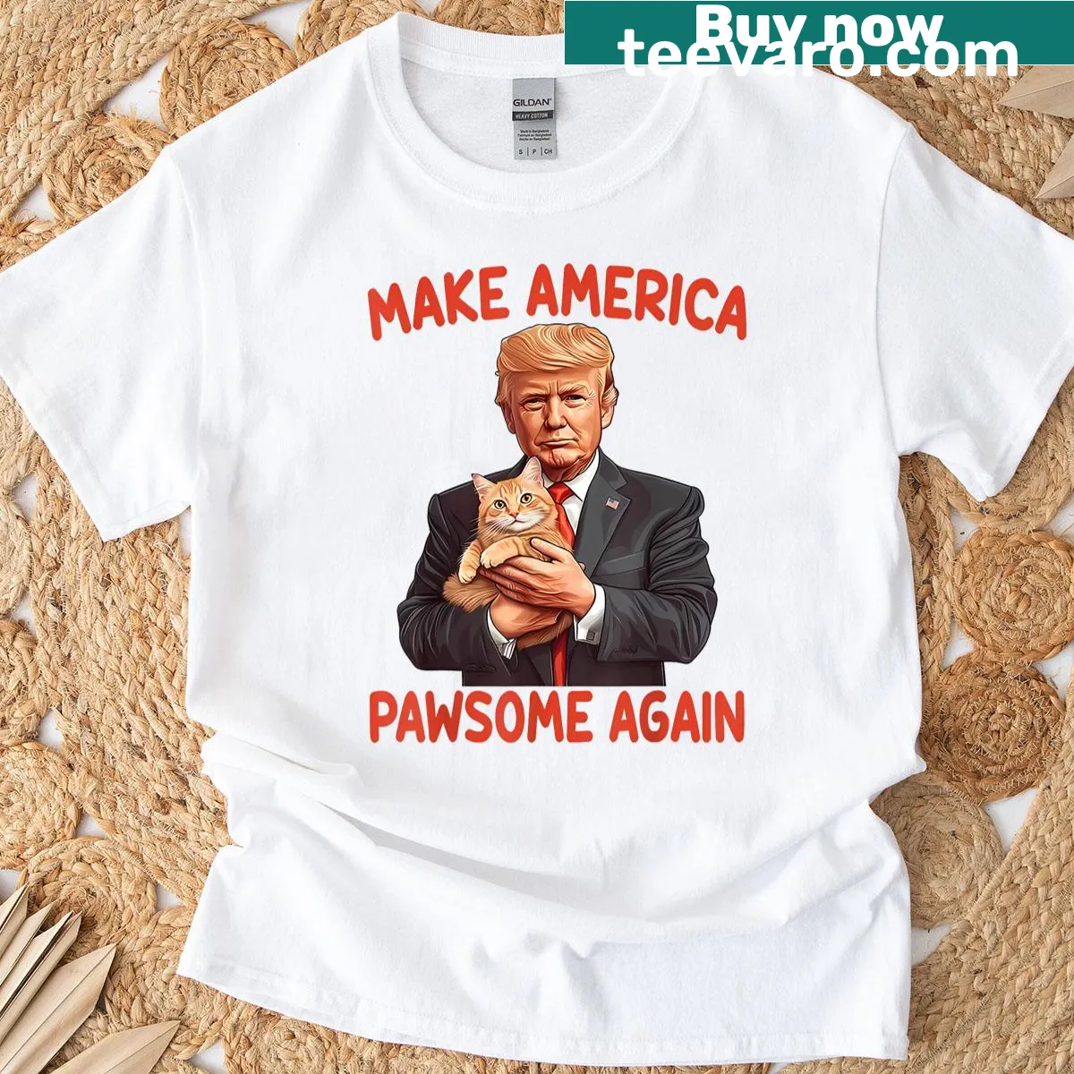 Cute T-shirt featuring a funny cat and a political slogan related to Trump — on a men's t-shirt