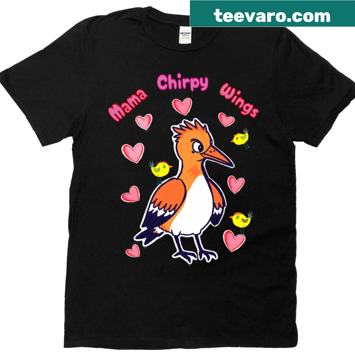 Cartoon bird t-shirt with Mama Chirpy and wings design — on a men's t-shirt