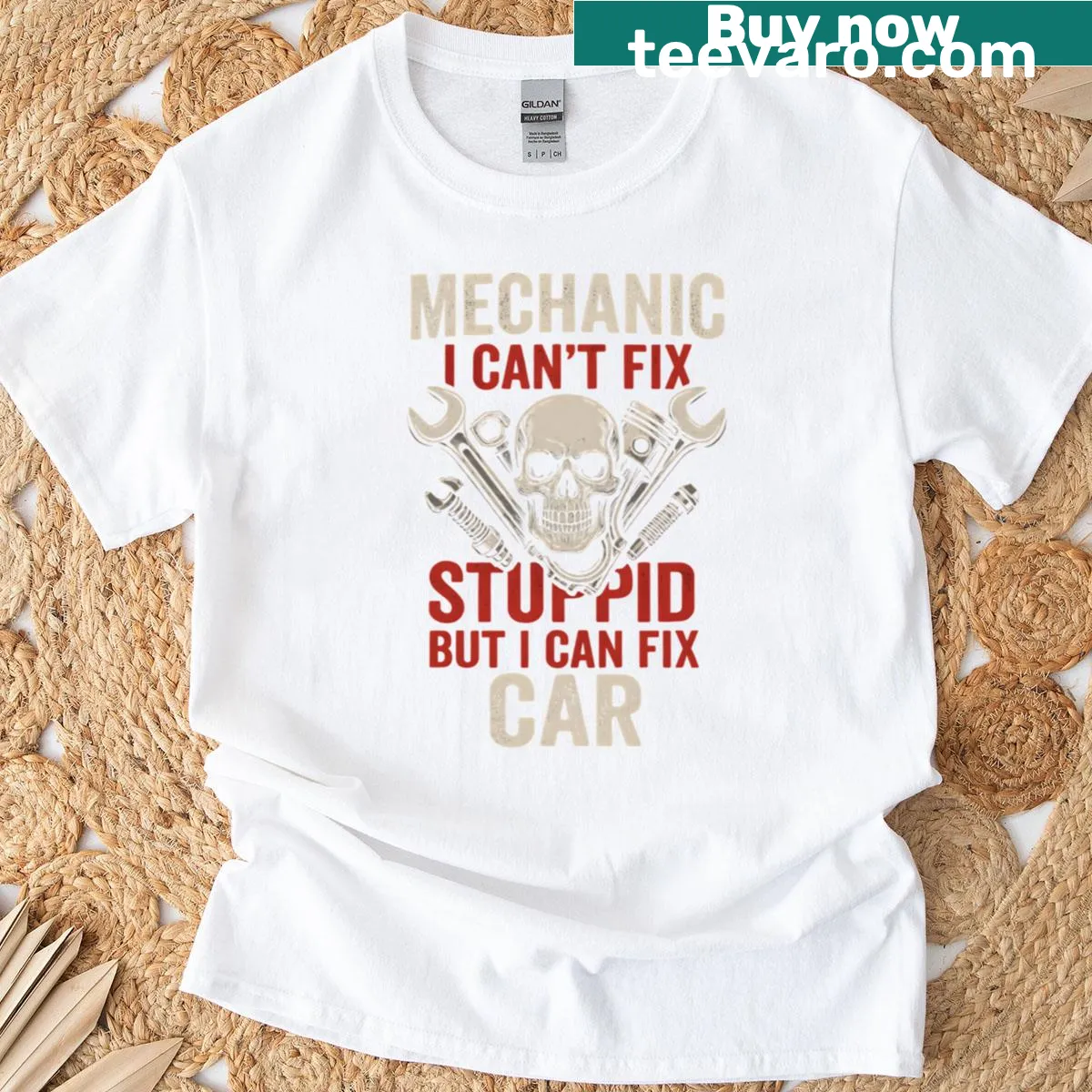 Funny mechanic T-shirt with humorous text about fixing cars and people — on a men's t-shirt