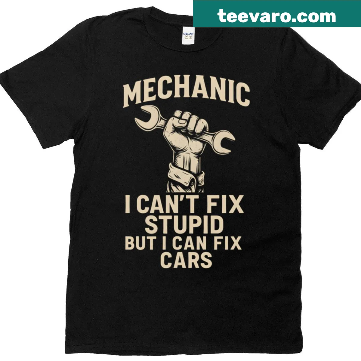 Shirt with humorous text: 'Can't Fix Stupid But Can Fix Cars' — on a men's t-shirt