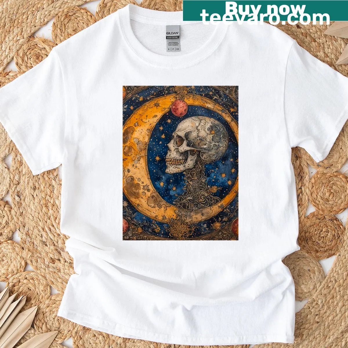 Intricate skull design with a crescent moon, medieval theme T-shirt — on a men's t-shirt