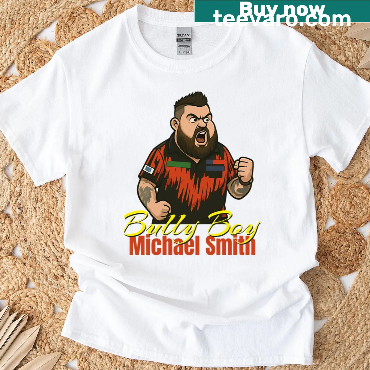 Playful caricature T-shirt featuring Michael Bully Boy Smith, celebrating darts culture — on a men's t-shirt