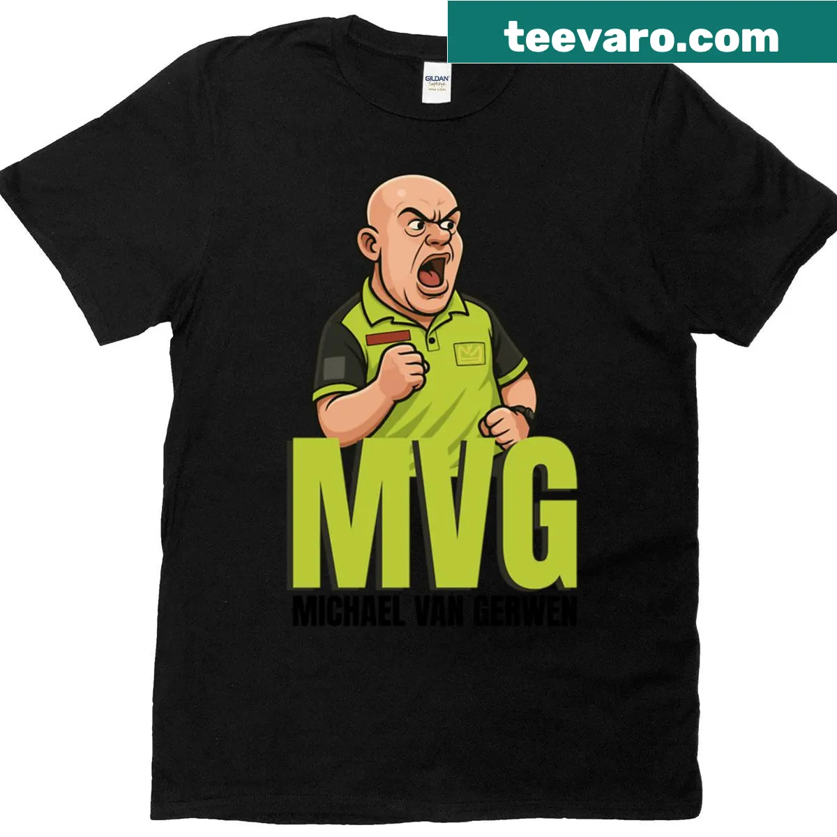 Cartoon portrait of Michael Van Gerwen on an oversized T-shirt — on a men's t-shirt