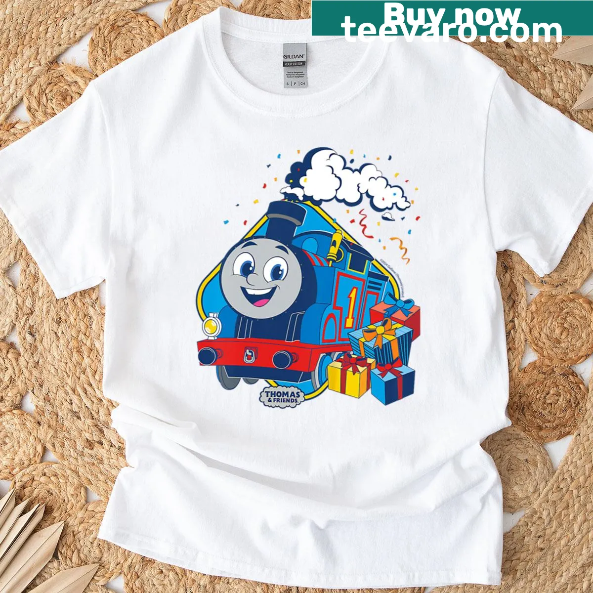 Vintage kids T-shirt with cartoon graphics for birthdays and fun — on a men's t-shirt