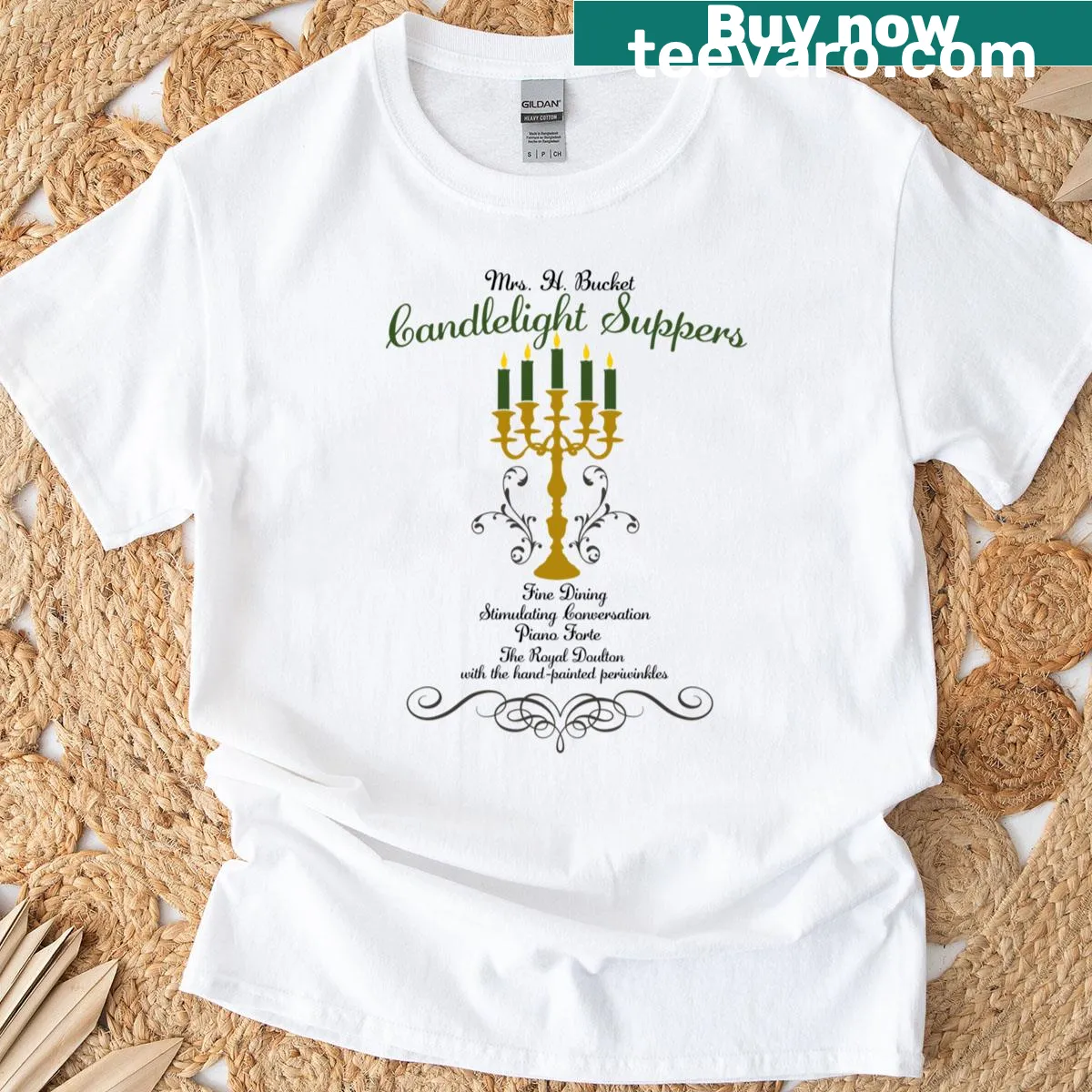 T-shirt featuring illustrations of candlelight suppers and a name design — on a men's t-shirt