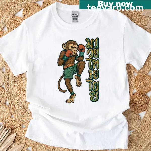 Cartoon monkey in a Muay Thai pose on a T-shirt