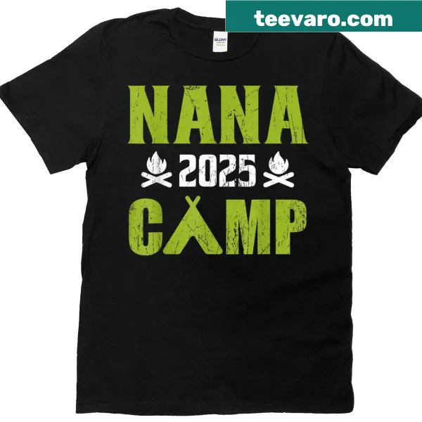 Illustrated T-shirt for kids featuring 'Nana Camp 2025' and camping imagery