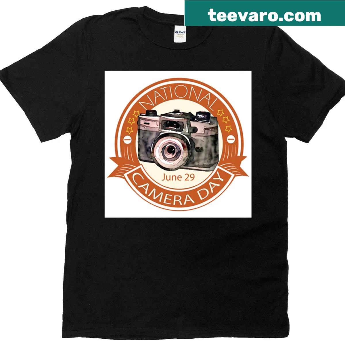 Badge design t-shirt celebrating National Camera Day — on a men's t-shirt