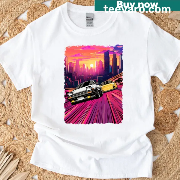 Dynamic Neon City Racing t-shirt with vibrant racing graphics