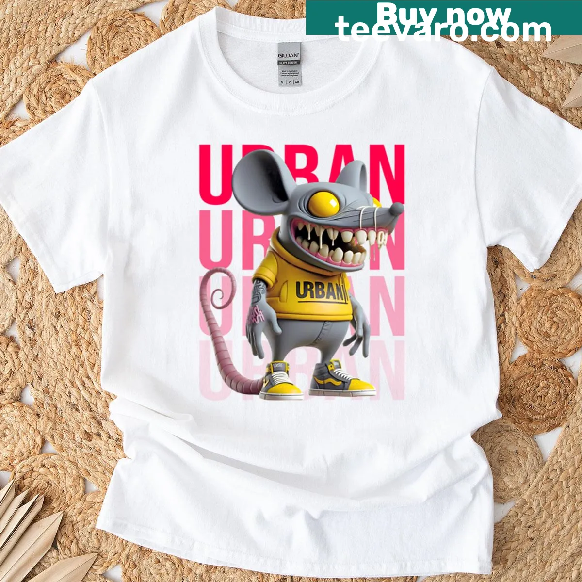 Edgy Neon Street Hooded Rat t-shirt featuring a rebellious rat character — on a men's t-shirt
