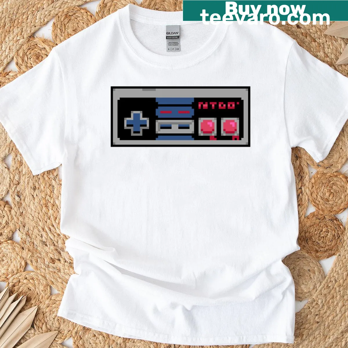 NES controller pixel art T-shirt for retro gaming fans — on a men's t-shirt