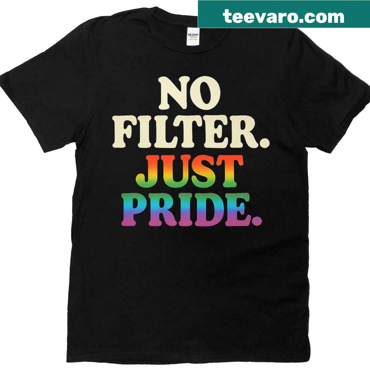 Bold graphic t-shirt with the text No Filter Just Pride in rainbow colors — on a men's t-shirt
