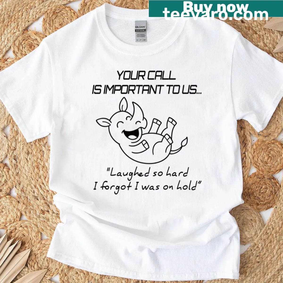 Sarcastic laughing rhino graphic on oversized T-shirt — on a men's t-shirt