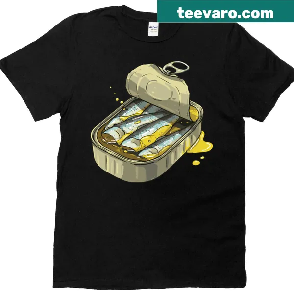Illustrative T-shirt featuring an open sardine can design