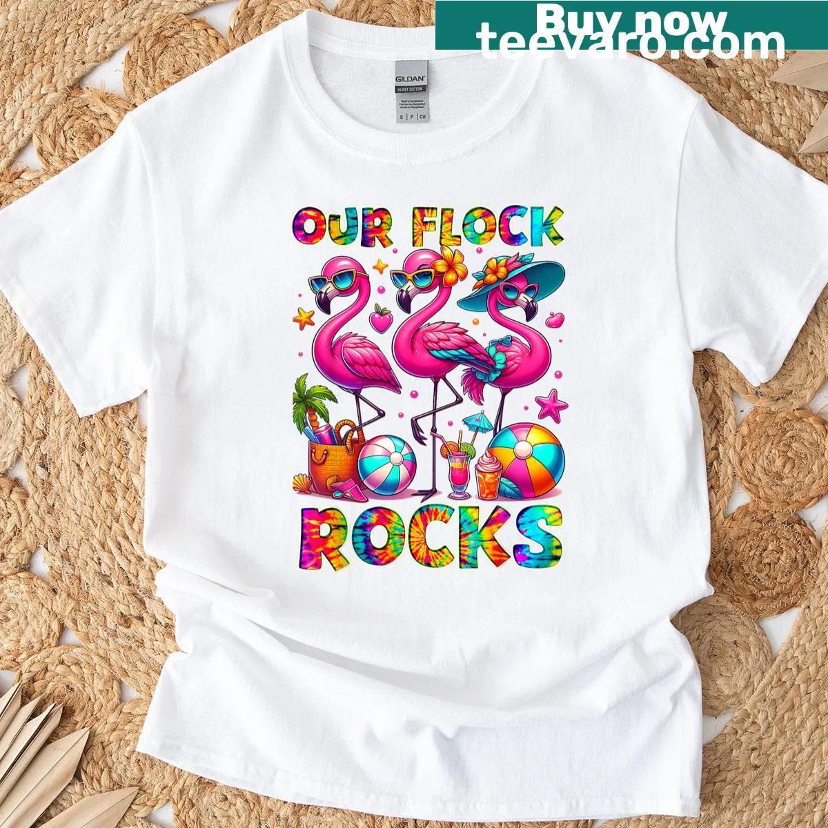 Family matching T-shirt with playful flamingo illustration — on a men's t-shirt