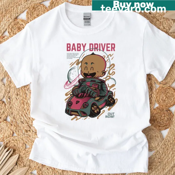Bold typography T-shirt with 'Out Now' text inspired by Baby Driver