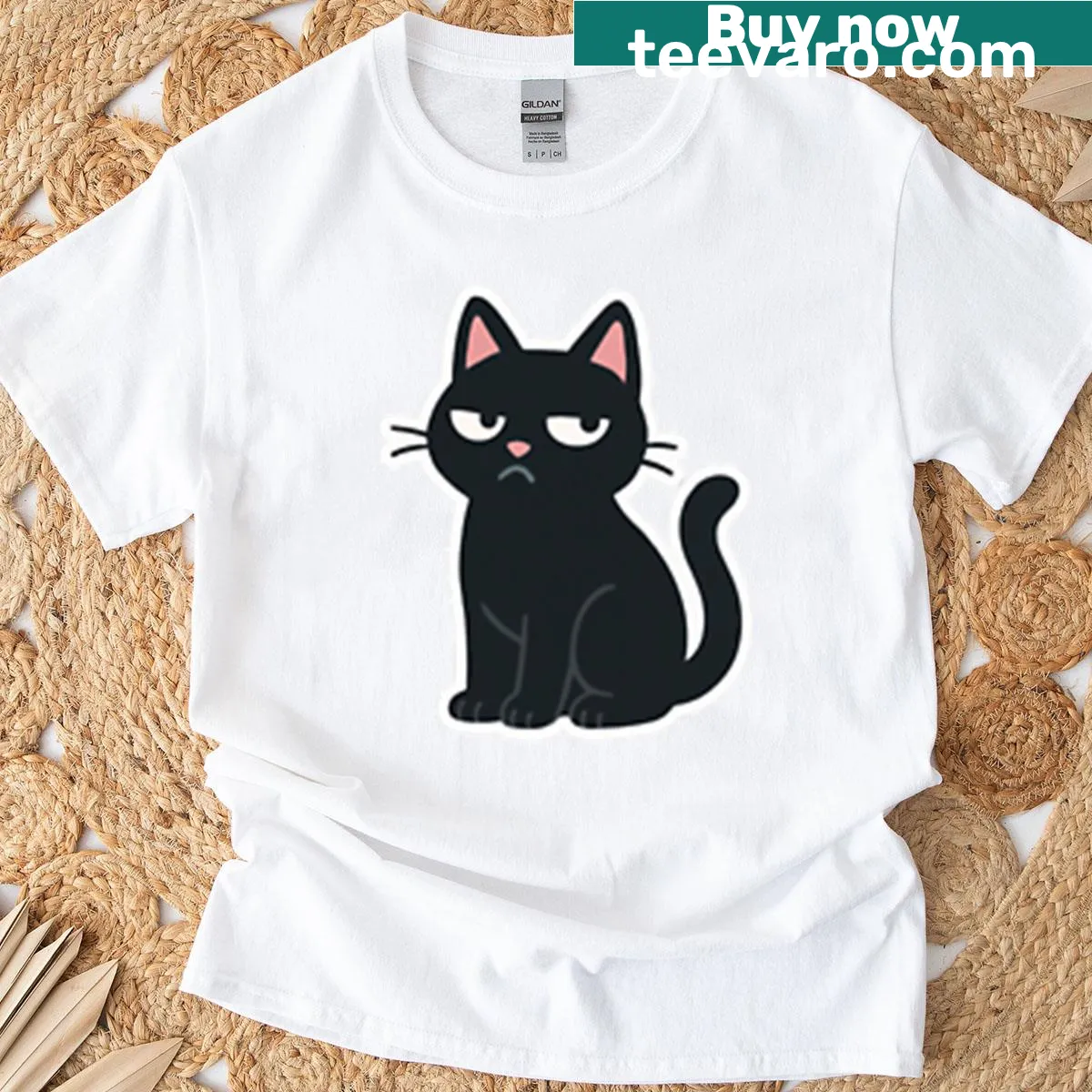 Sarcastic t-shirt featuring a black cat and humorous text design. — on a men's t-shirt