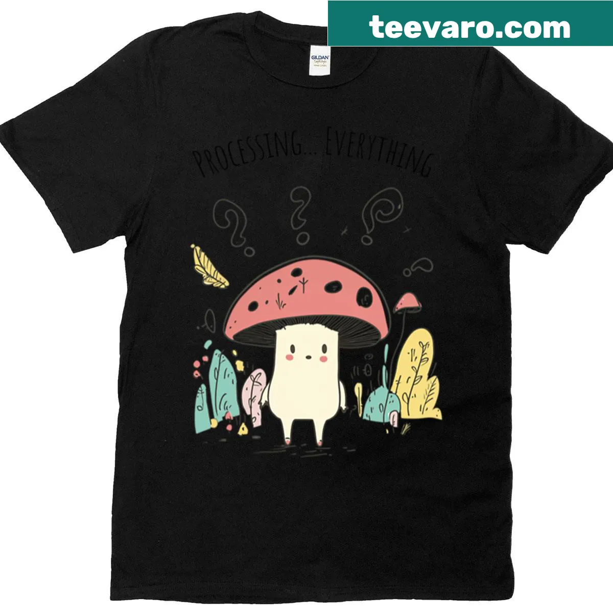 Whimsical mushroom sprite T-shirt with fantasy-themed design — on a men's t-shirt