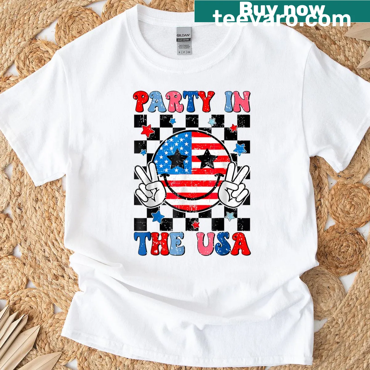 Groovy 4th Of July themed T-shirt with smile and bold text — on a men's t-shirt