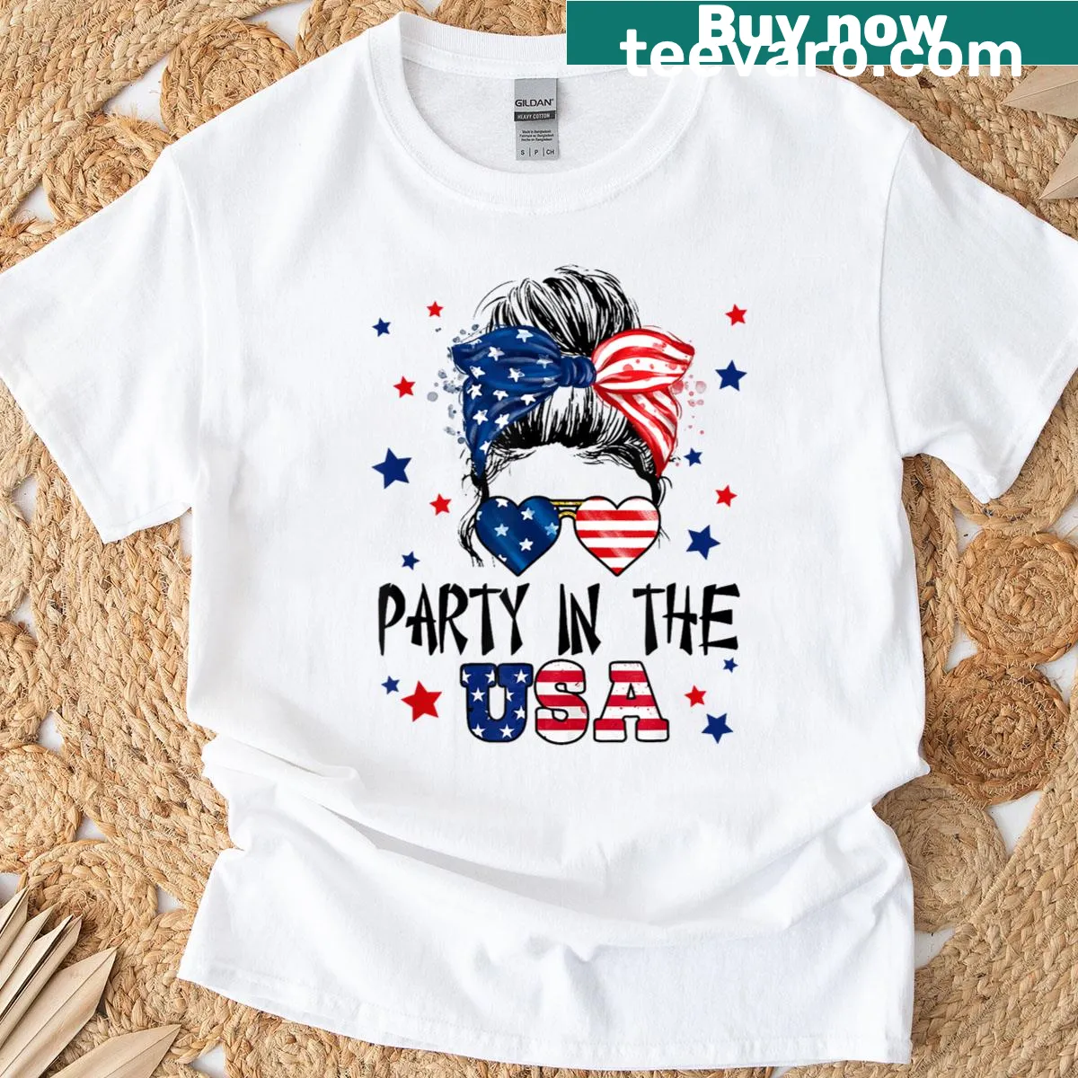 Cute 4th of July T-shirt for girls featuring a girl with a messy bun. — on a men's t-shirt