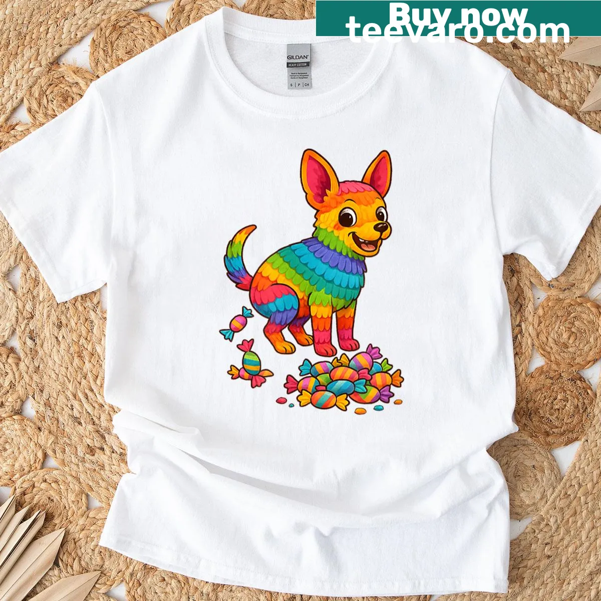 Colorful graphic of a Chihuahua and rainbow bear on a t-shirt — on a men's t-shirt