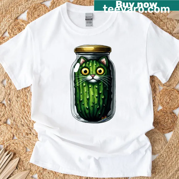 Cartoon of a cat in a pickle jar surrounded by pickles