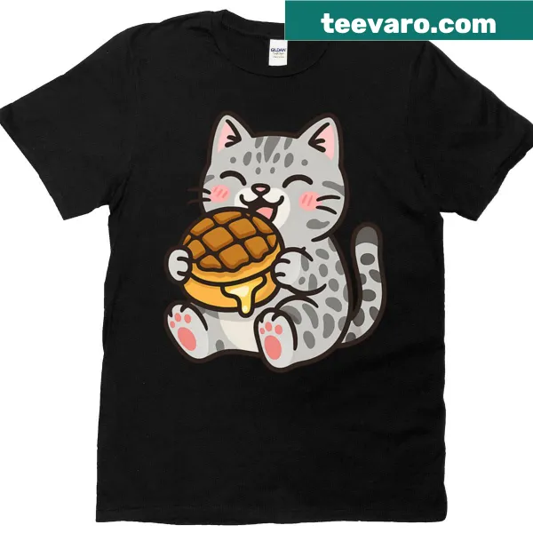 Kawaii T-shirt featuring a cute cat and food elements