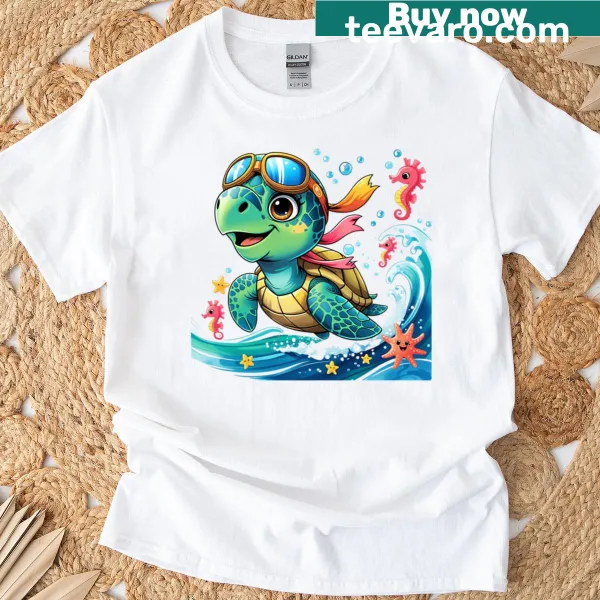 Cartoon turtle navigating waves on an ocean design t-shirt