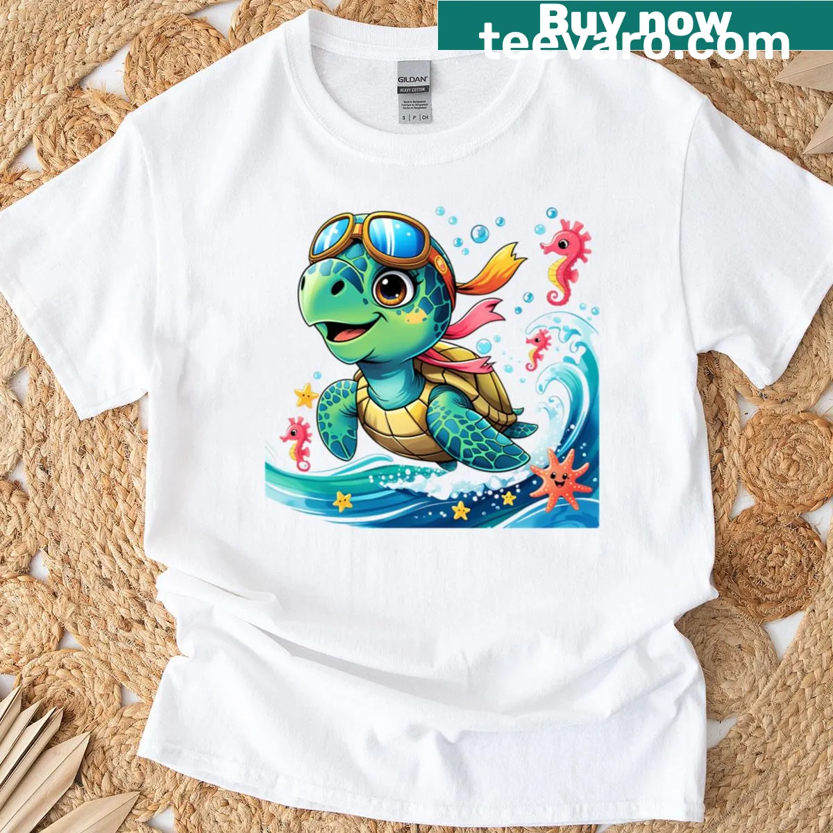 Cartoon turtle navigating waves on an ocean design t-shirt — on a men's t-shirt