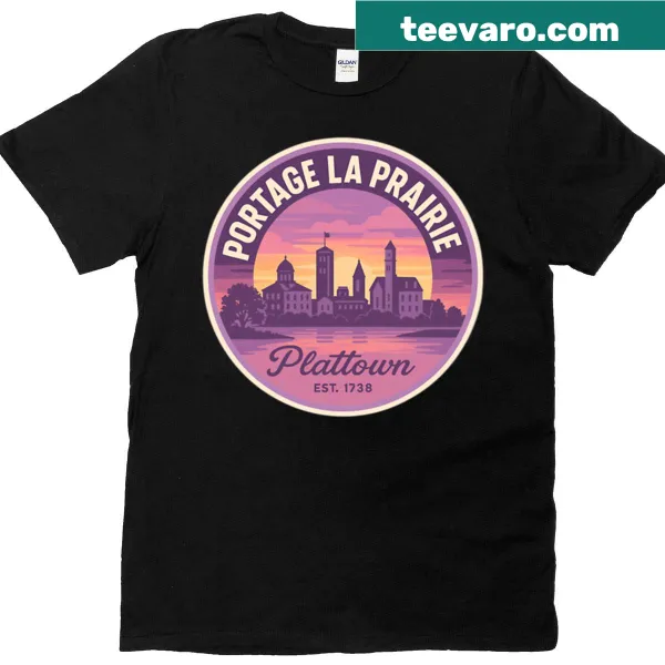Vintage-style Portage La Prairie t-shirt featuring a dreamy lavender skyline