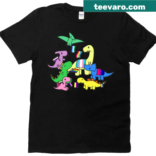 T-shirt featuring playful dinosaurs with pride elements