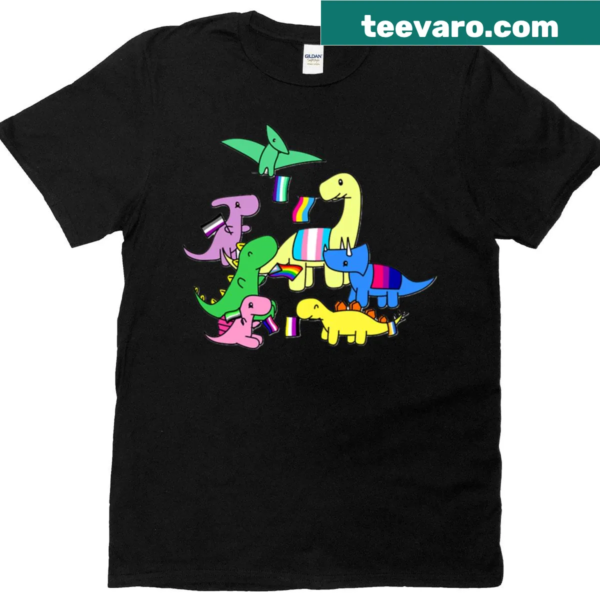 T-shirt featuring playful dinosaurs with pride elements — on a men's t-shirt