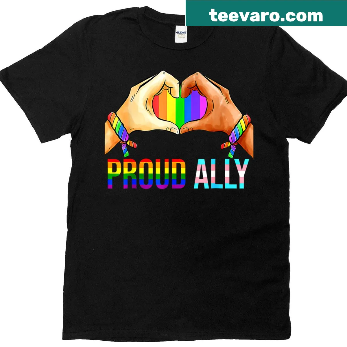 Proud Ally t-shirt with transgender flag heart design — on a men's t-shirt