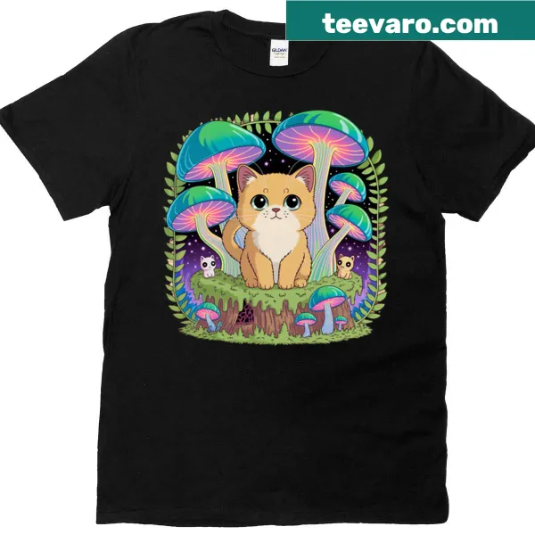 Kawaii chibi cat in psychedelic mushroom jungle design
