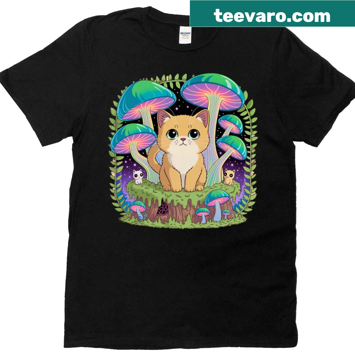 Kawaii chibi cat in psychedelic mushroom jungle design — on a men's t-shirt