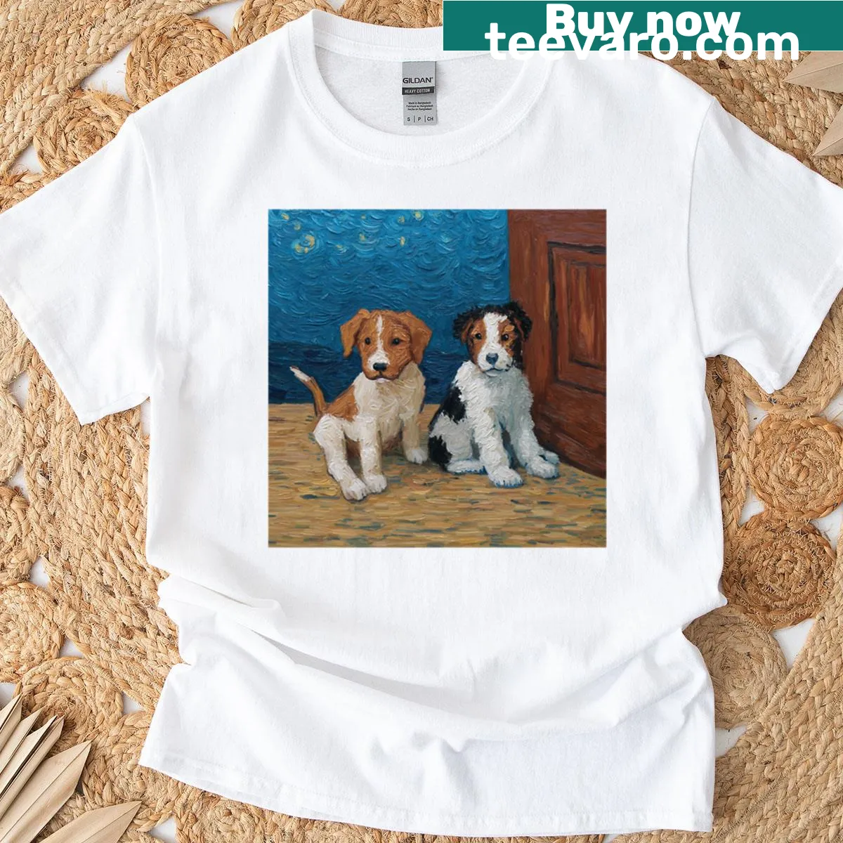 Post-impressionist style t-shirt featuring playful puppies — on a men's t-shirt