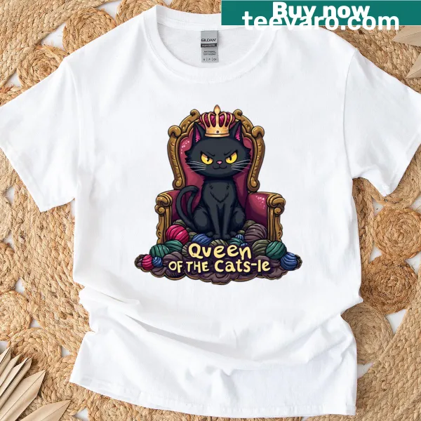 Text T-shirt declaring 'Queen Of The Cats' with playful design elements.