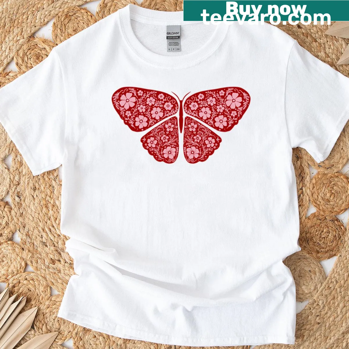 Illustrated red butterfly design on a casual T-shirt — on a men's t-shirt